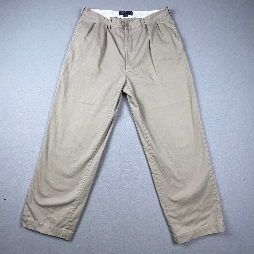Polo Ralph Lauren Andrew Pant Mens 35x30 Khaki Tan Pleated Chino Cotton Chinos